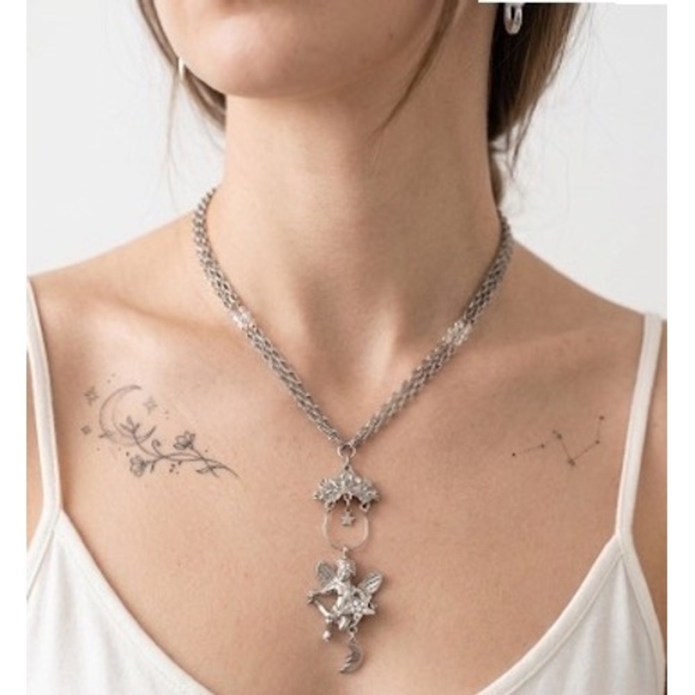 Vintage Kirk's Folly fairy Crescent Moon Star Floral SilverTone Pendant Necklace